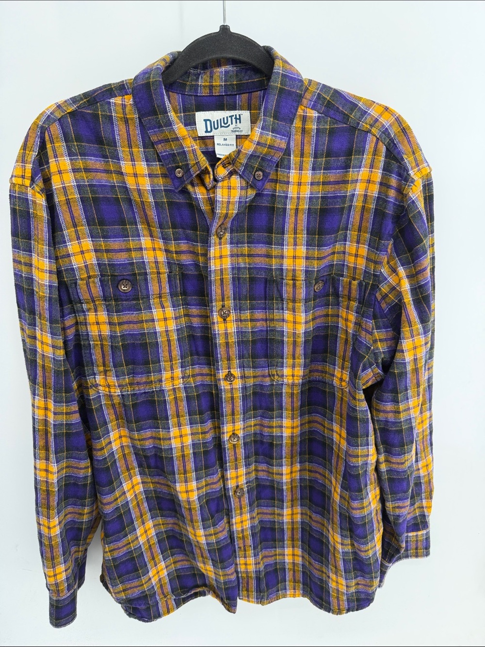 Duluth Trading Co. Relaxed fit cotton LSU Mardi Gras plaid flannel shirt sz M